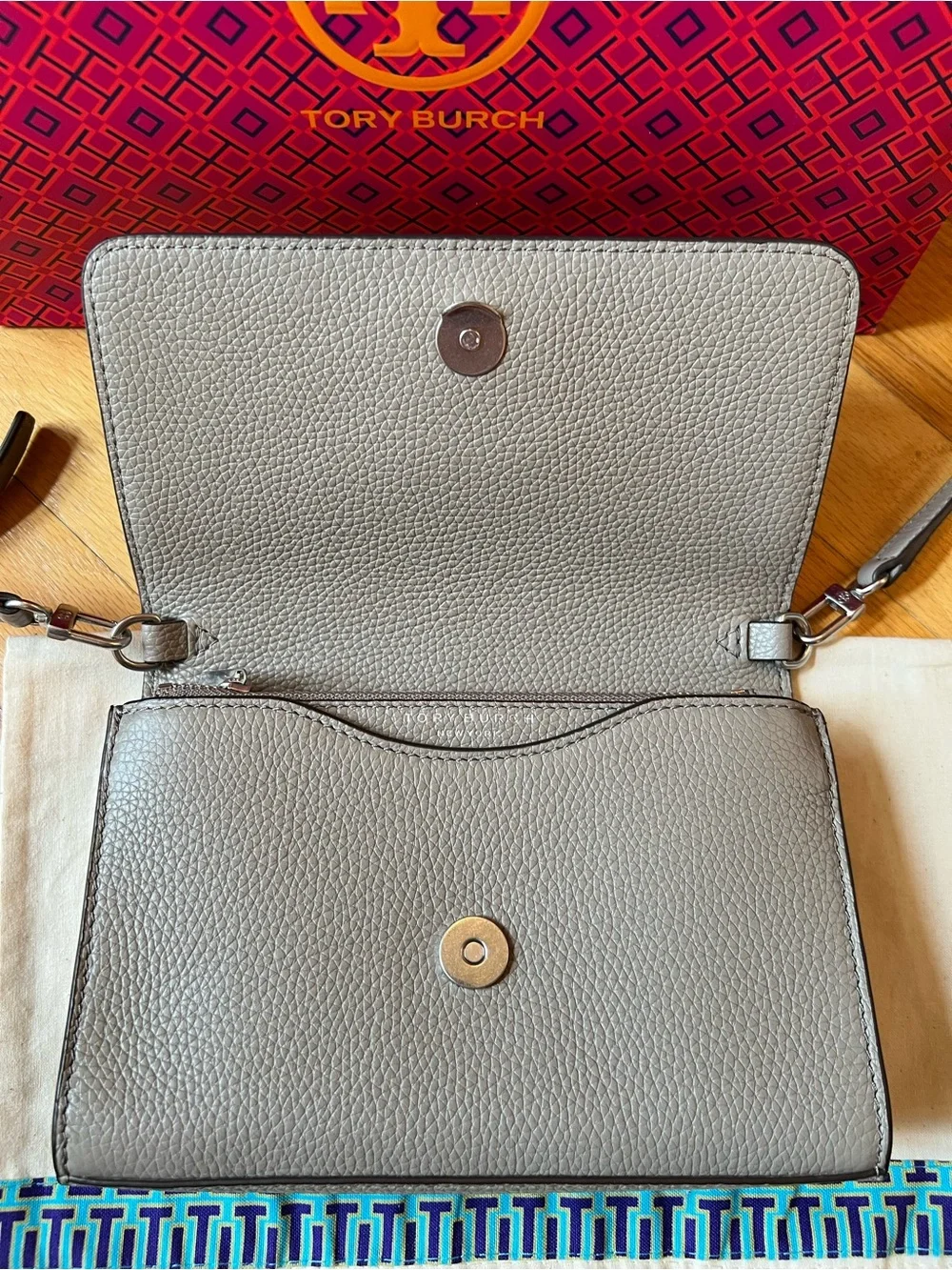 Tory Burch French Gray Leather Britten Combo Crossbody Bag & Bifold Wallet Set